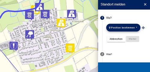 Screenshot aus dem Mängelmelder, der die neuen und offenen Meldungen für Oberdorfelden zeigt.